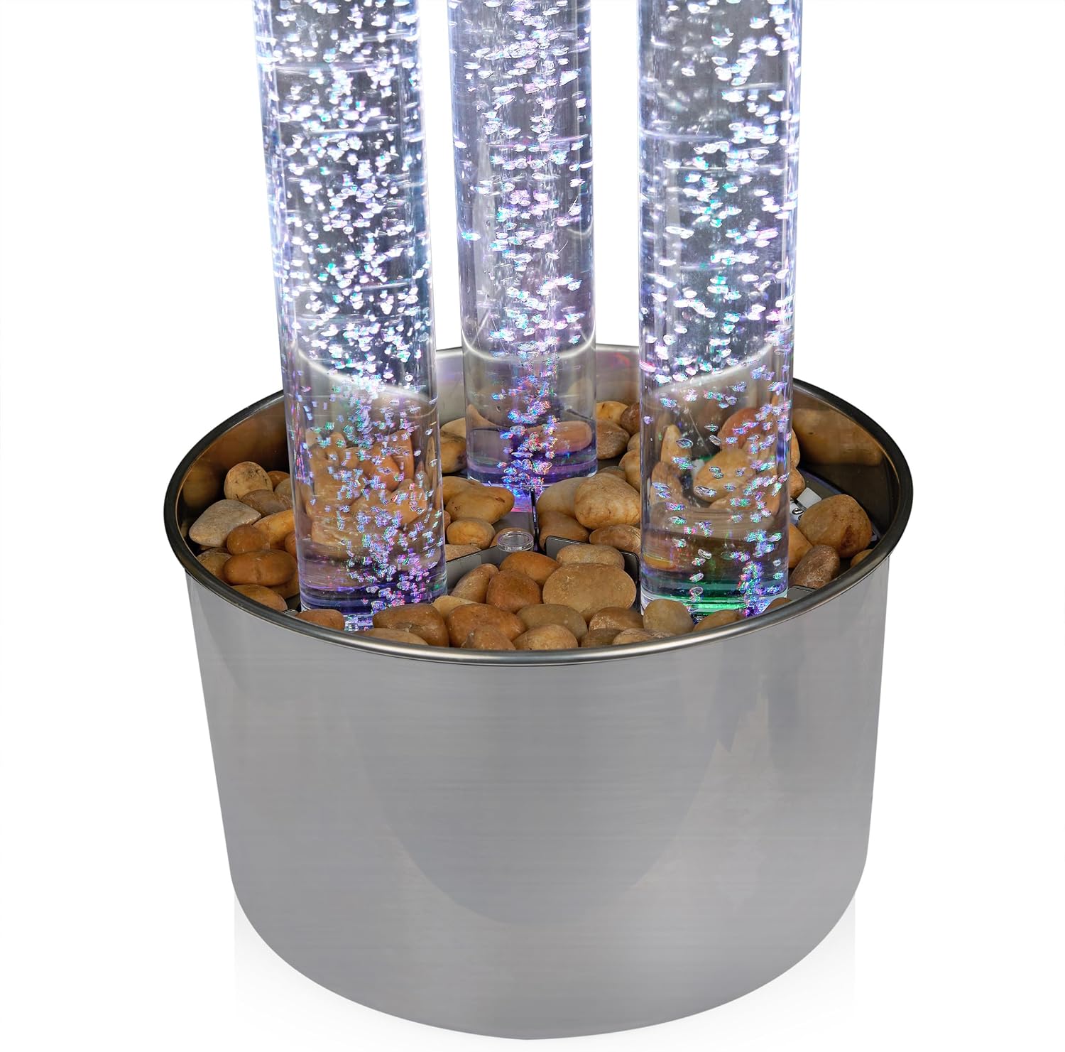 Alpine Corporation 54' Tall 3 Tier Indoor and Outdoor Water Acrylic Bubble Fountain for Home, Office, and Patio Decor, with Remote and 16 Color LED Lights, Silver Base