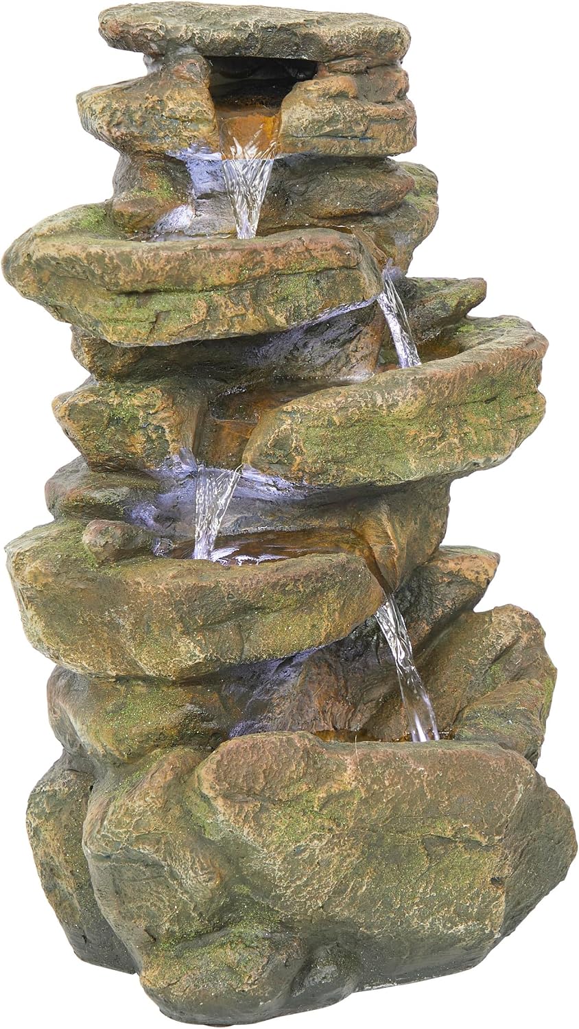 Alpine Corporation 20' H Outdoor Multi-Level Rock Floor Fountain with LED Lights, Brown