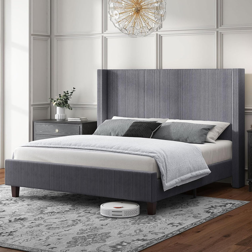 HOWE Queen Size Bed Frame with 50.8' Tall Wingback Headboard, Modern Corduroy Upholstered Platform Bed Frame with Solid Wood Slats & Legs, No Box Spring Needed, Noise-Reducing Design, Grey