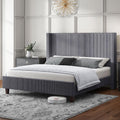 HOWE Queen Size Bed Frame with 50.8' Tall Wingback Headboard, Modern Corduroy Upholstered Platform Bed Frame with Solid Wood Slats & Legs, No Box Spring Needed, Noise-Reducing Design, Grey