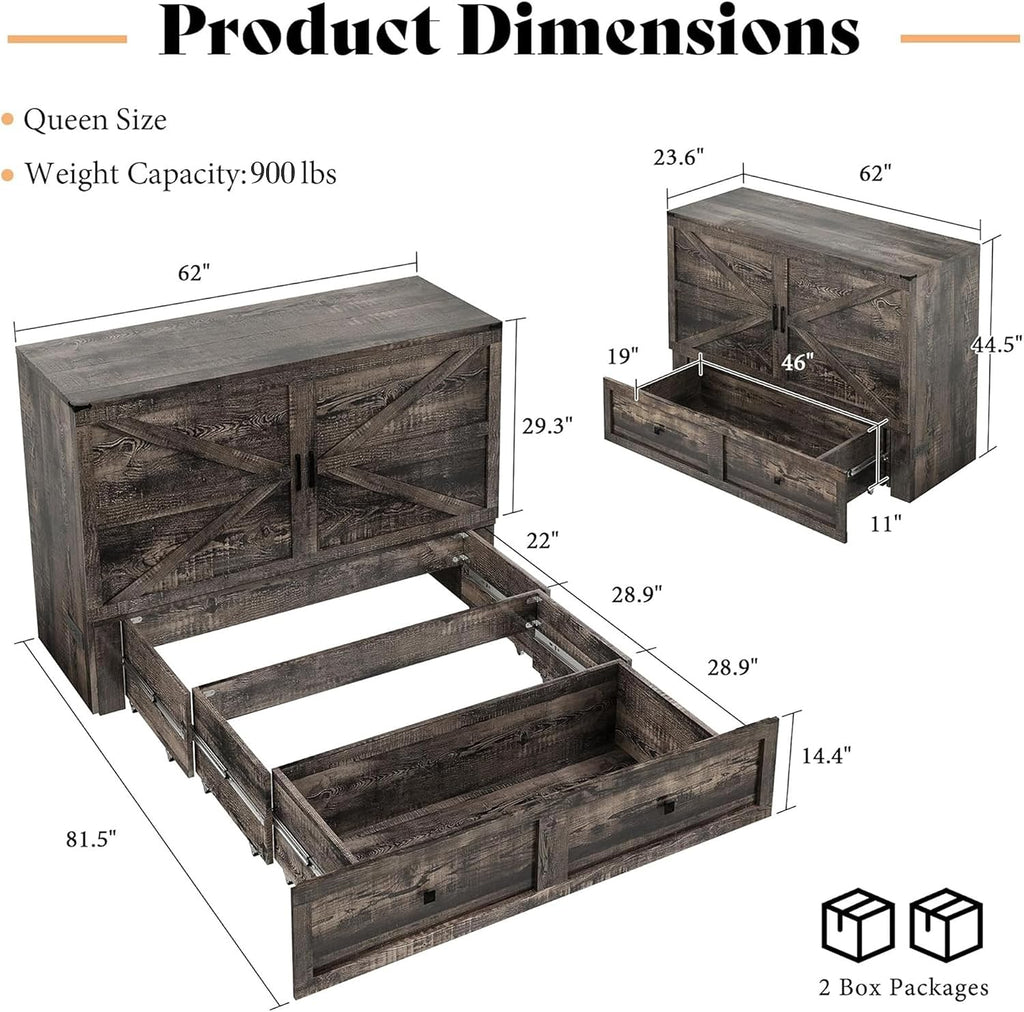 AMERLIFE Queen Murphy Bed Cabinet with Charging Station and Storage, Farmhouse Foldable Platform Bed for Guest Room, Office, Small Spaces, Black Oak