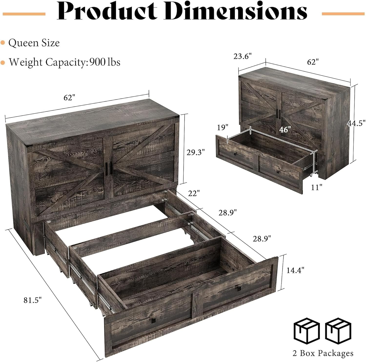 AMERLIFE Queen Murphy Bed Cabinet with Charging Station and Storage, Farmhouse Foldable Platform Bed for Guest Room, Office, Small Spaces, Black Oak