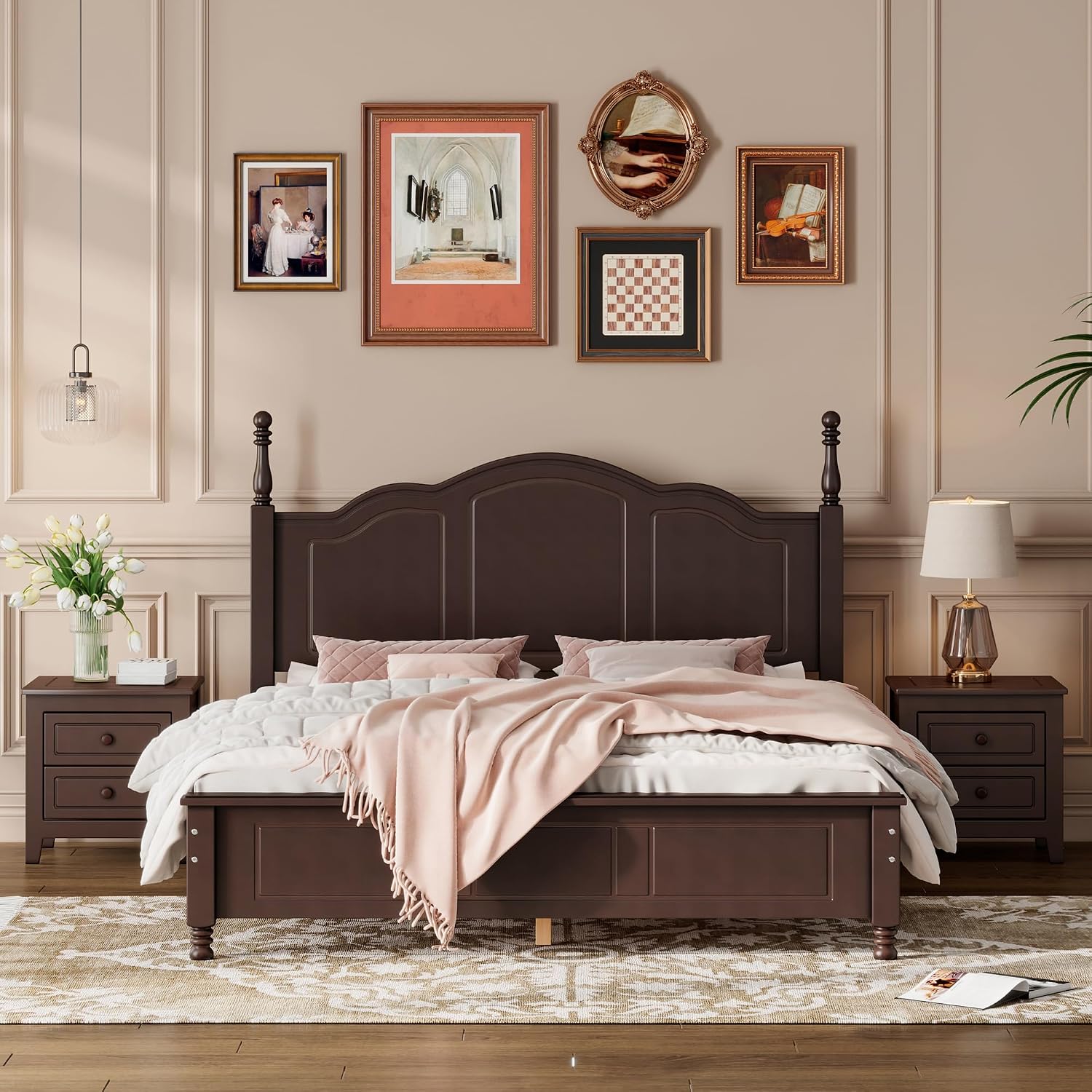 VilroCaz Retro Design 3-Pieces Bedroom Sets, Queen Size Wood Platform Bed and 2 Nightstands with 2 Drawers and Sturdy Slats Support for Adults Bedroom (Queen, Dark Walnut)