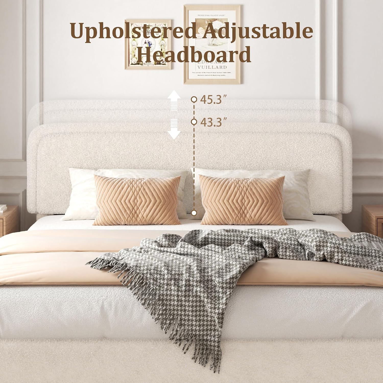 Queen Size Boucle Bed Frame with Adjustable Headboard, Upholstered Cloud Platform Bed, Anti-Collision Soft Rounded Corners, No Box Spring Needed, Easy Assembly, Noise Free, Beige