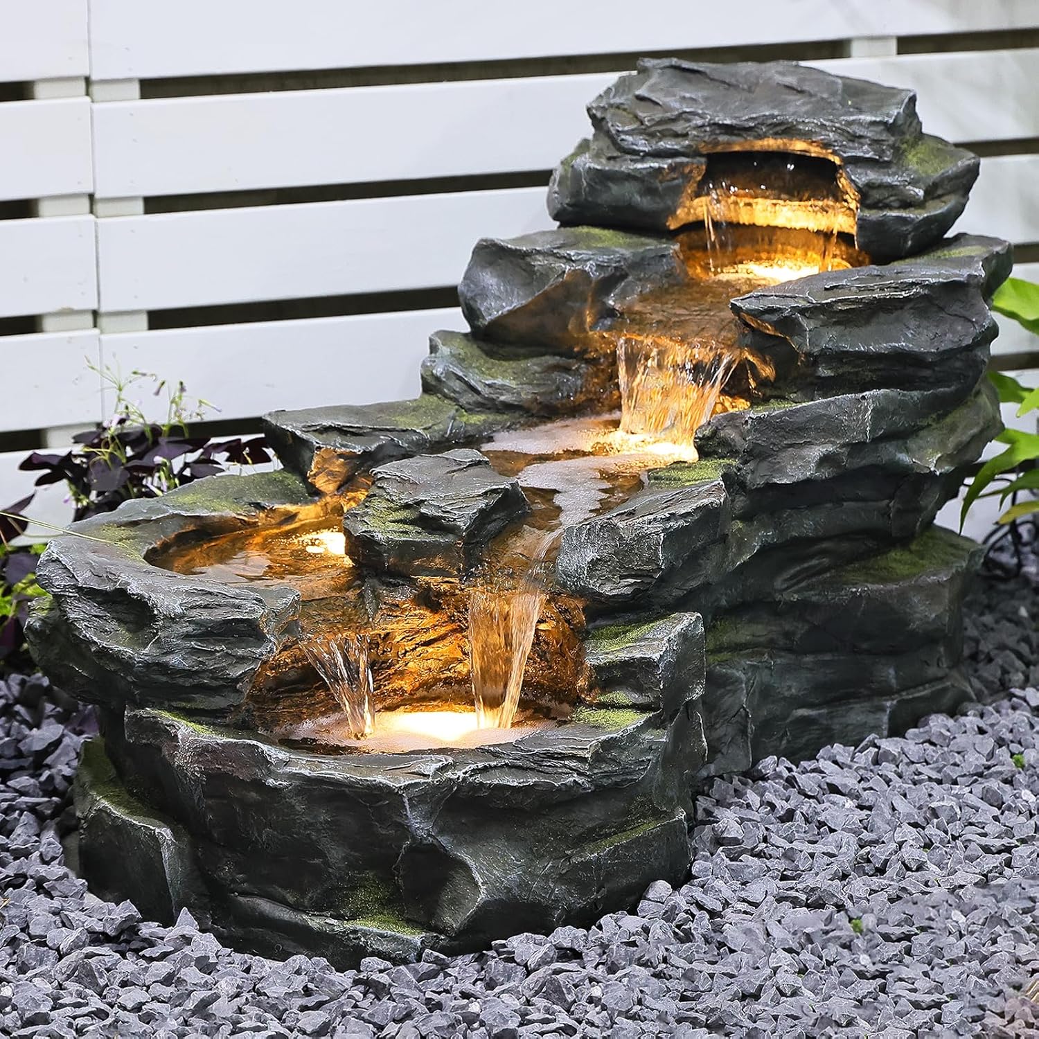 37' L Garden Outdoor Water Fountain, Floor Standing 5-Tiers Rock Natural Waterfall Outdoor Fountains with LED Lights for Patio, Porch, Home Art Decor