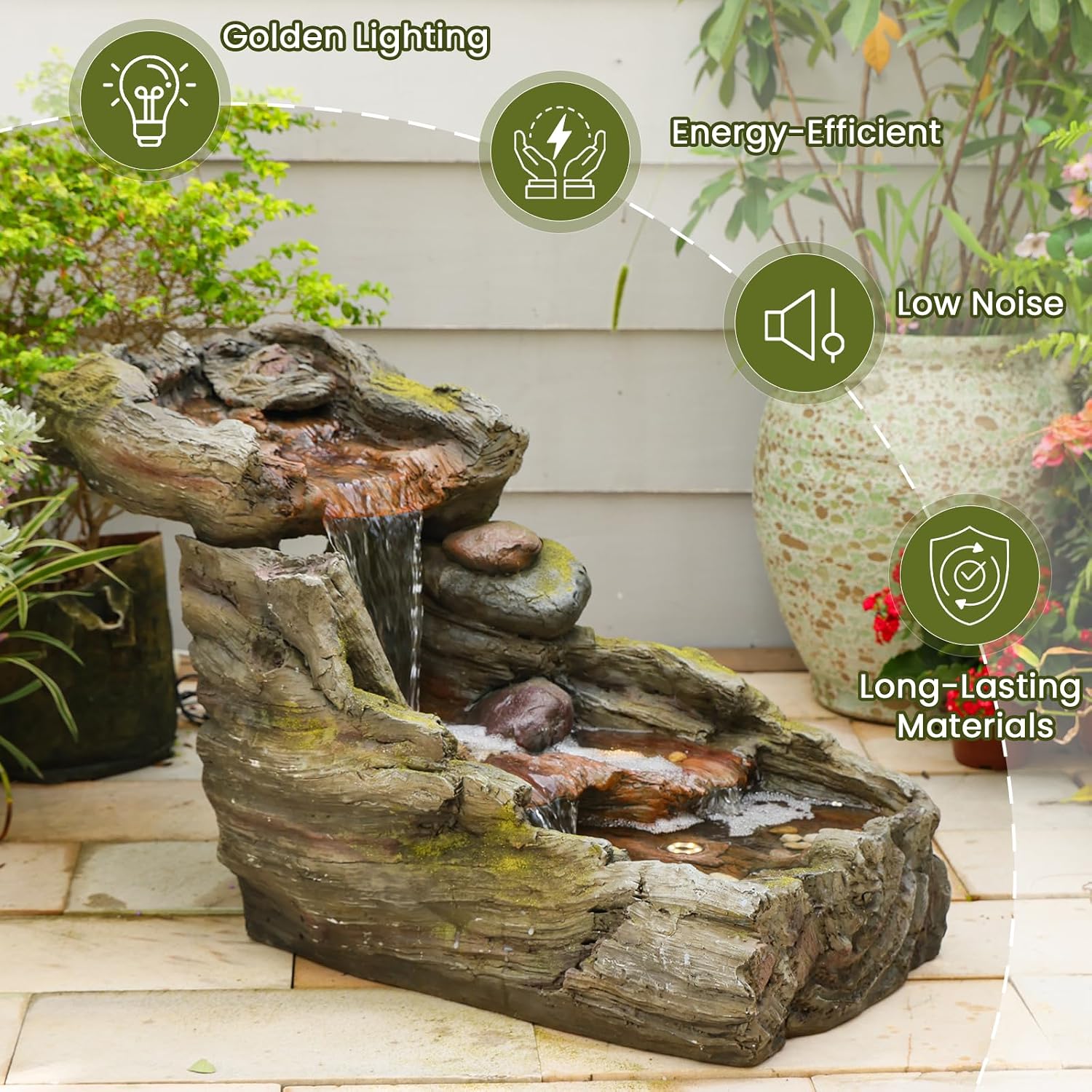 Sunlinua 23.62' L Outdoor Water Fountain with 3 Tiers Cascading Realistic Tree Trunk Waterfall Fountains with LED Lights Outdoor Water Fountain for Garden Patio Backyard Porch Home Decor