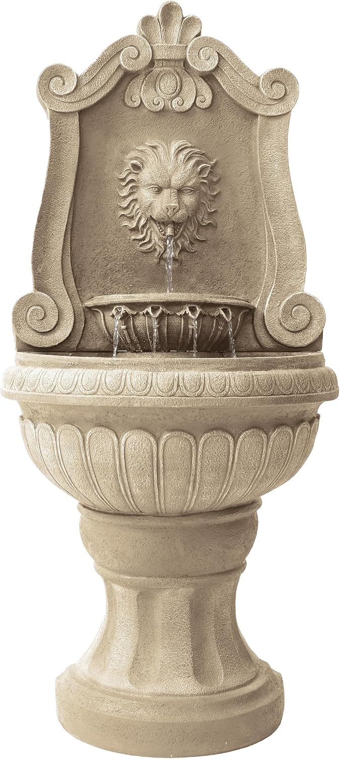 Xbrand 52.4' Sandstone Lion Head Floor Fountain, Two-Tier Outdoor Water Feature, Durable Resin Construction