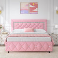 HOMBCK Full Size Bed Frame with Diamond Headboard, Faux Leather Upholstered Platform Bed, Mattress Foundation, No Box Spring Needed, Easy Assembly, Pink