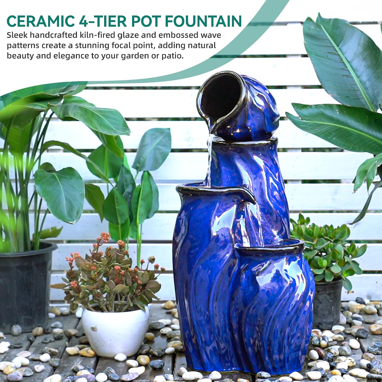 29' Ceramic Water Fountain Outdoor, 4-Tier Dynamic Wavy Outdoor Fountain with Artistic Cobalt Blue Glaze, Decorative Water Feature, Cascading Waterfalls for Serene Garden Patio Yard Porch Decor