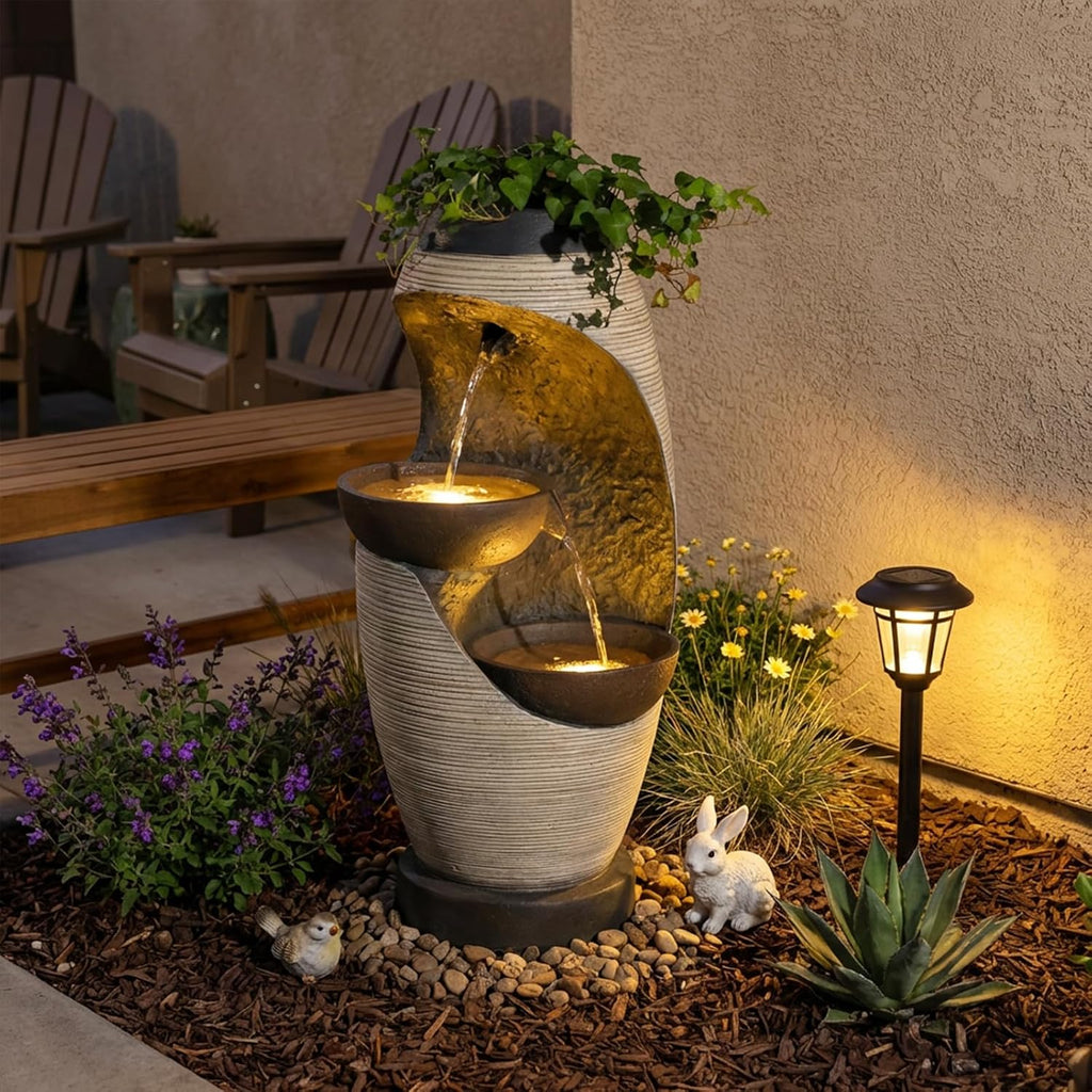 Bumilgar 2-Tier Bowl Water Fountain with LED Lights, 27.95' Tall Freestanding Outdoor & Indoor Garden Waterfall Fountain for Yard, Patio, Backyard, Floor Standing Home Decor