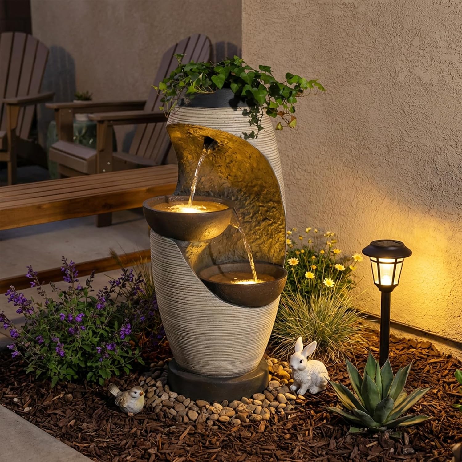 Bumilgar 2-Tier Bowl Water Fountain with LED Lights, 27.95' Tall Freestanding Outdoor & Indoor Garden Waterfall Fountain for Yard, Patio, Backyard, Floor Standing Home Decor