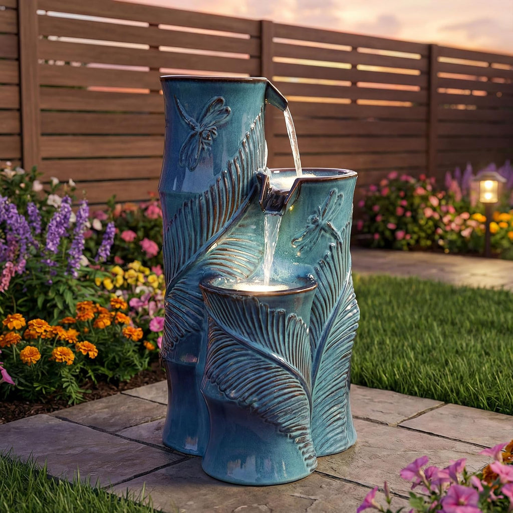 Ceramic Outdoor Water Fountain with LED Lights, 25.5' H 3-Tier Bamboo-Style Water Feature with Tropical Leaf & Dragonfly Texture, Soothing Cascading Waterfall for Garden Patio Yard Oasis