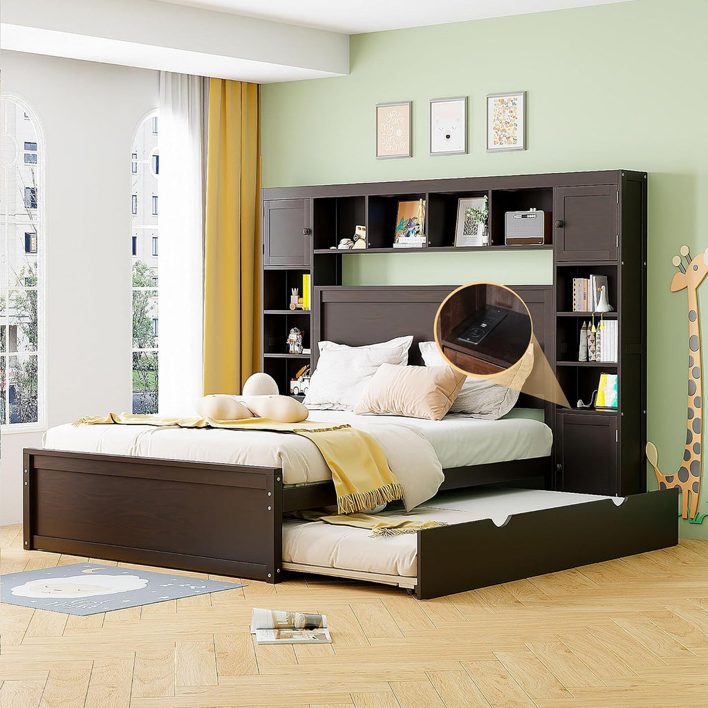 Queen Platform Bed with All-in-One Cabinet, Shelf and Sockets, Wood Queen Beds with 2 Storage Drawers and Trundle, Queen Size Bed Frame for Bed Room, No Box Spring Needed,Espresso