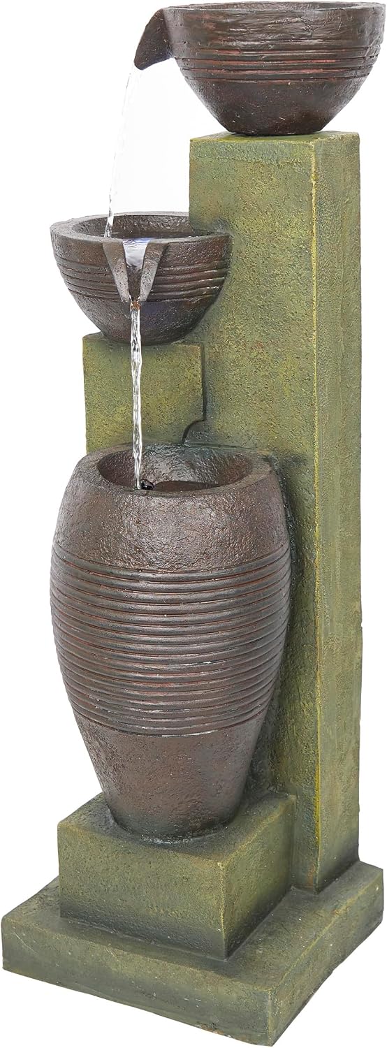 Alpine Corporation 32' Tall 3 Tier Basins Water Fountain with LED Lights, Waterfall Decor, Elegant Cascading Water Feature for Garden, Patio, Yard & Outdoor Spaces, Multi-Color
