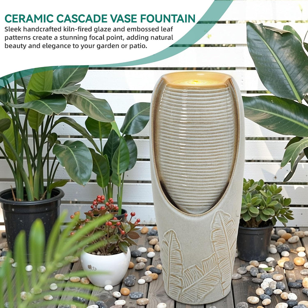 32' H Outdoor Garden Fountain with LED Lights, Modern Ceramic Jar Water Feature, Tropical Leaf Embossed Pattern, Beige Glaze, Soothing Cascading Waterfall for Patio, Yard, Porch