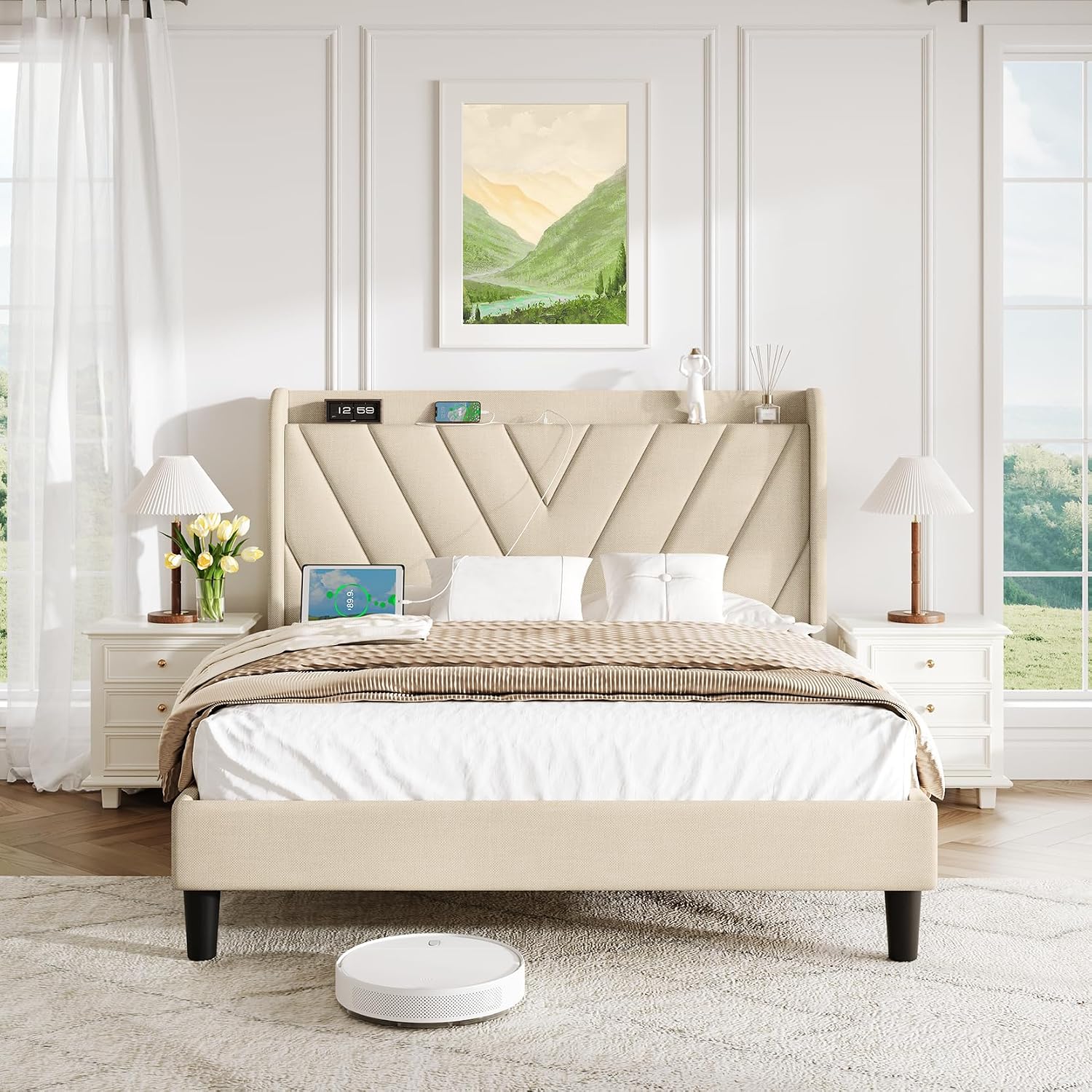 koorlian Queen Bed Frame with Headboard, Adjustable Upholstered Platform Bed Frame with Type-C&USB Ports, Wingback Storage Headboard, Solid Wood Slats Support, No Box Spring Needed, Beige