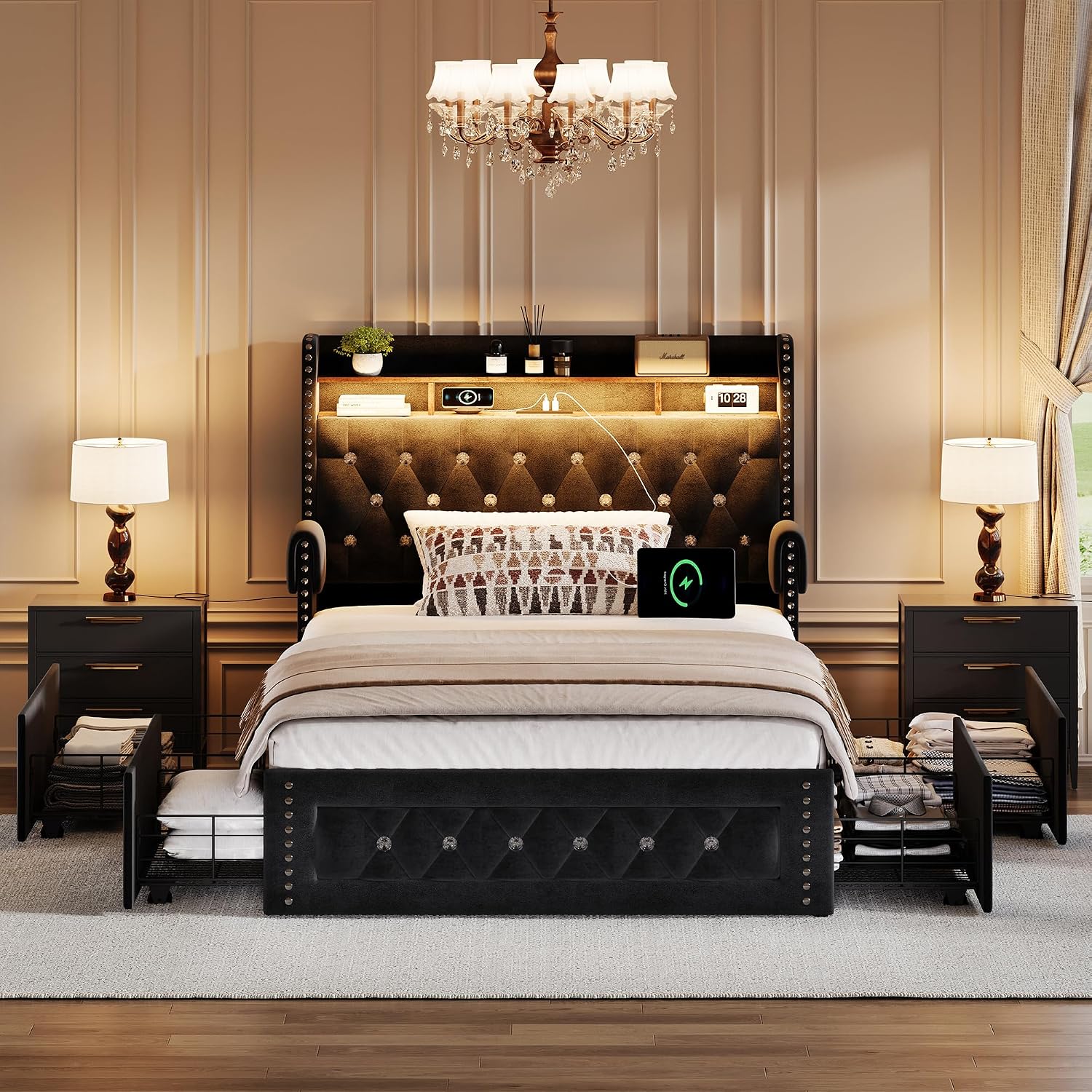 Ailisite Twin Size Bed Frame with 4 Storage Drawers and RGB Led Lights,Velvet Upholstered Platform Bed with Charging Station and Bookcase Storage Headboard, with Crystal and Rivet Deco, Black