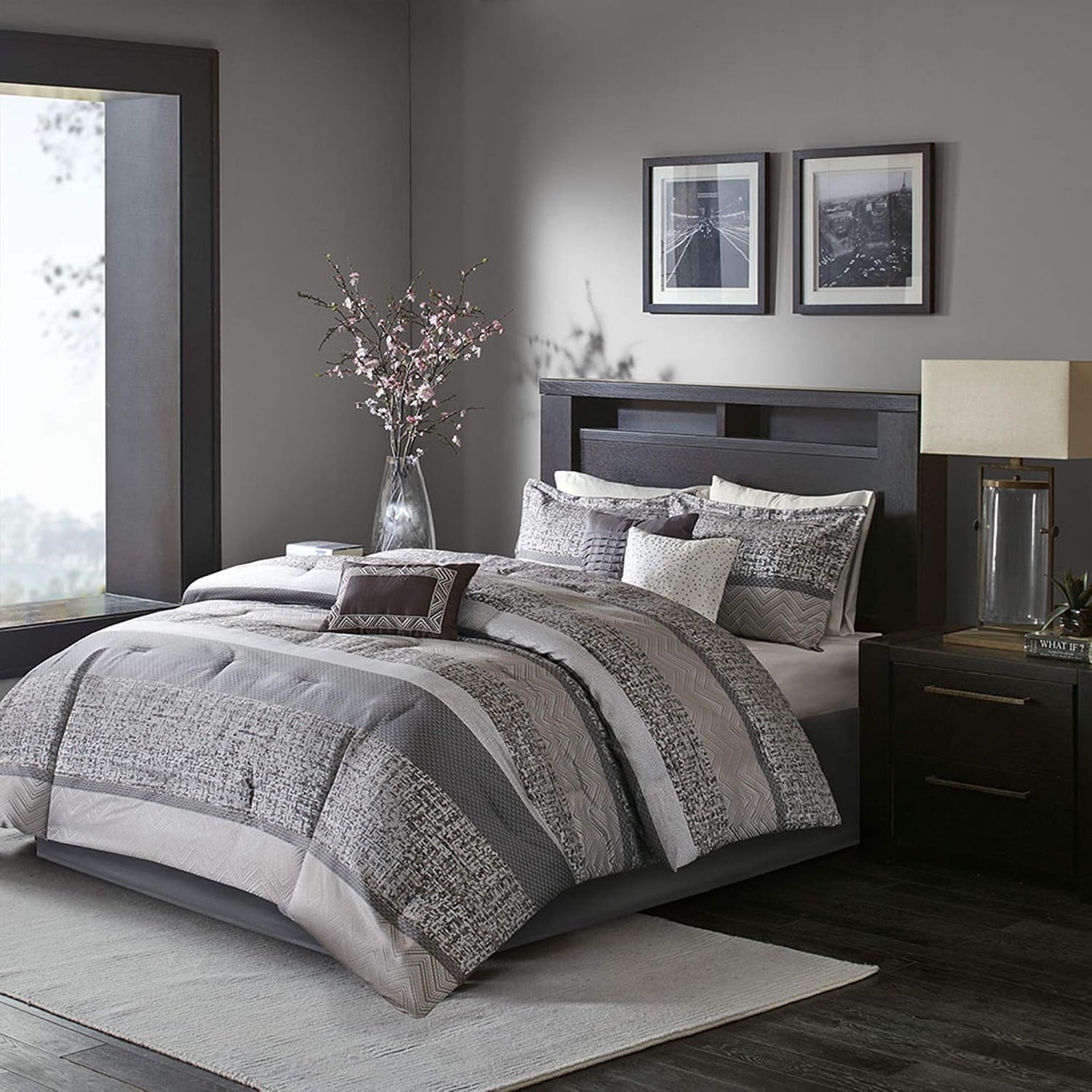 Madison Park Luxury Comforter Set-Traditional Jacquard Design All Season Down Alternative Bedding, Matching Bedskirt, Decorative Pillows, Queen(90'x90'), Rhapsody, Striped Grey/Taupe 7 Piece