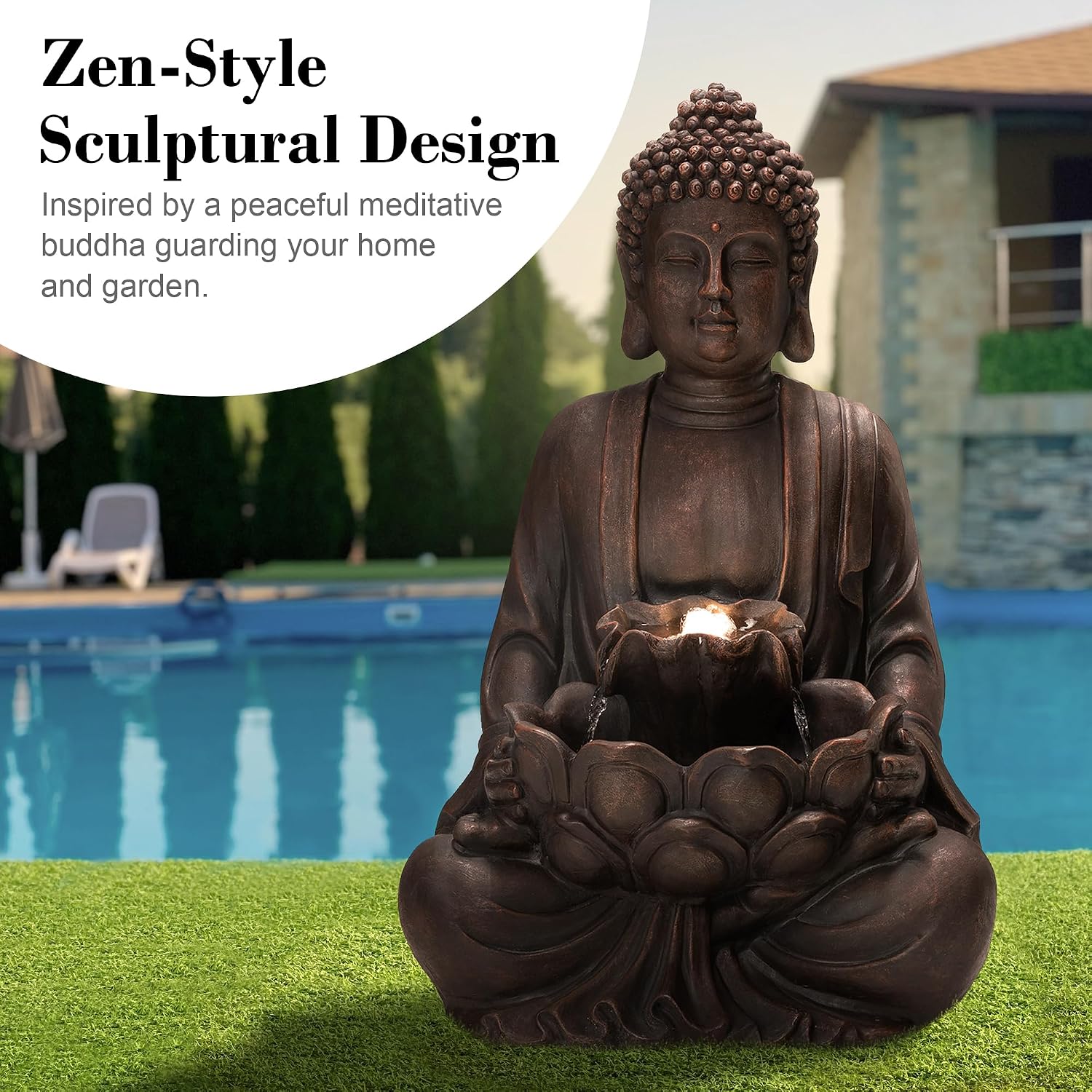 Glitzhome Buddha Fountain with Pump & LED Light, 2 Tier Zen Style Meditating Buddha Water Fountain Outdoor Fountains and Waterfalls Floor Fountains Buddhas Statues for Garden Patio Backyard 23.25' H