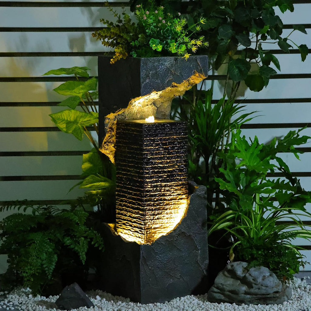 Water Fountain Outdoor Garden 35.4' H Modern Outdoor Fountains and Waterfalls with Lights Flooring Standing Indoor Water Fountains for Garden, Patio, Deck, Backyard, Porch and Home Art Decor