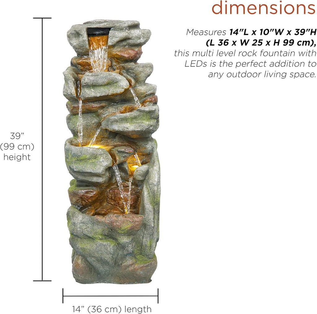 Alpine Corporation 39' Tall Outdoor Mult-itiered Elegant Rock Look Waterfalls Floor Fountain with LED Lights, Gray