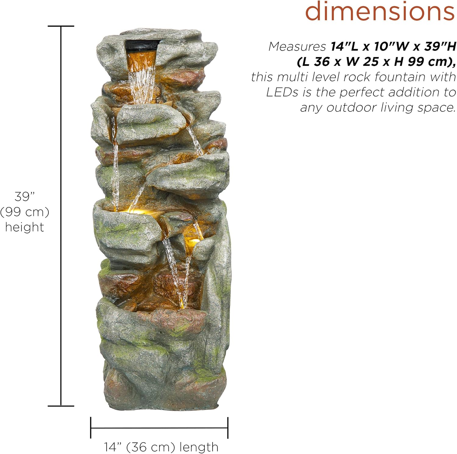 Alpine Corporation 39' Tall Outdoor Mult-itiered Elegant Rock Look Waterfalls Floor Fountain with LED Lights, Gray