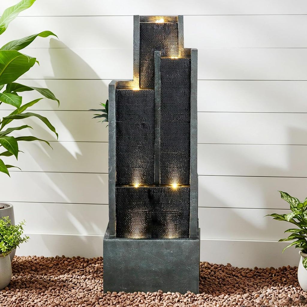 Naturefalls 50.7-Inch Tall Outdoor Water Fountain with LED Lights and Pump, Modern Resin Floor Standing Cascading Waterfall Fountain for Garden Patio Backyard