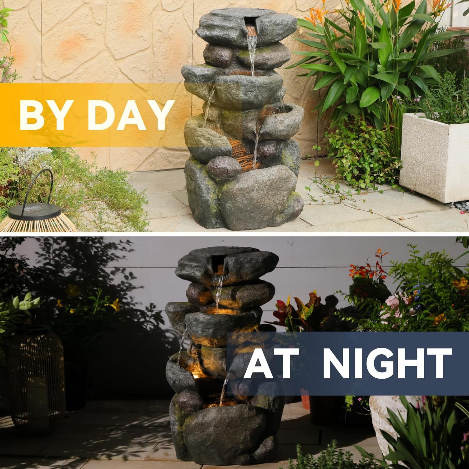 Sunlinua 28.6' H Outdoor Water Fountain with 4 Tiers Cascading Realistic Rock Waterfall Fountains with LED Lights Outdoor Water Fountain for Garden Patio Backyard Porch Home Decor