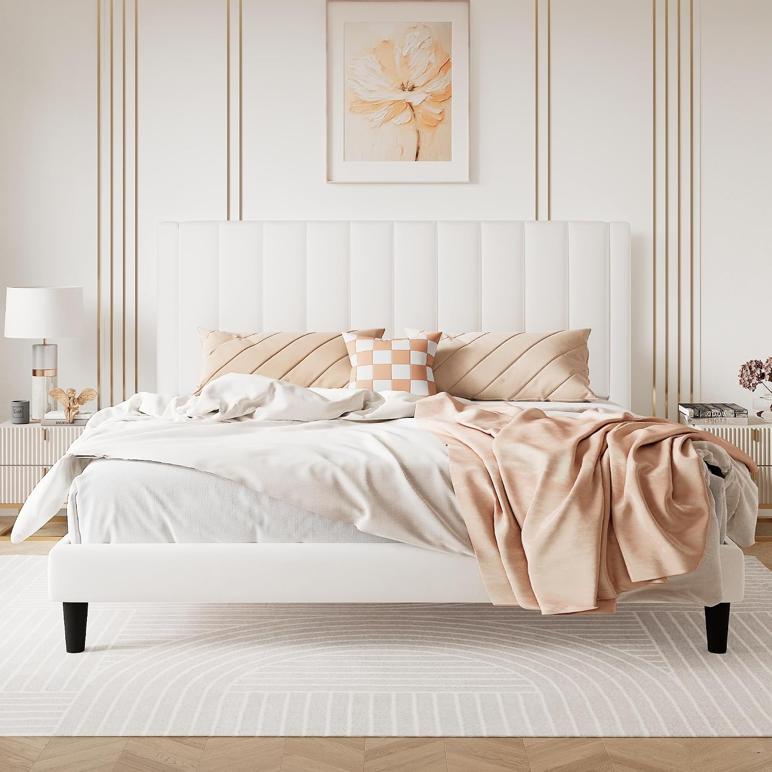 SHA CERLIN King Bed Frame/Velvet Upholstered Platform Bed Frame with Headboard/Strong Wood Slats Support/Mattress Foundation/No Box Spring Needed/Easy Assembly/White