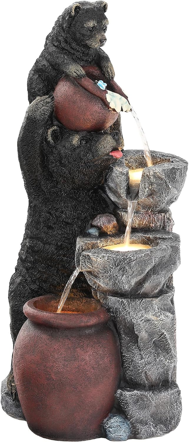 37.5' H Resin Playful Twin Bear Fountain Outdoor, Whimsical Multi-Tiered Stone Vessel Water Feature Outdoor with Lights, Soothing Cascading Waterfall for Patio, Backyard, Garden or Porch