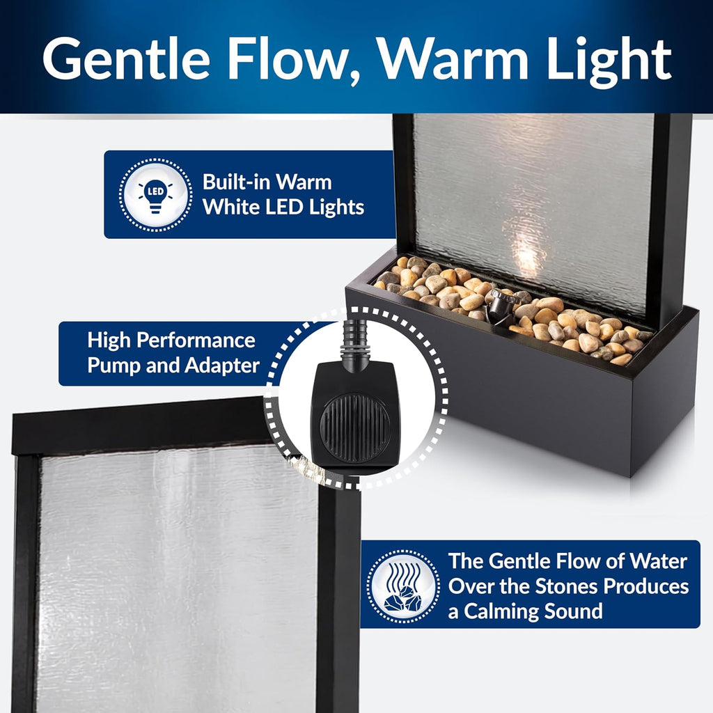 Alpine Corporation MLT170S 48' Indoor Outdoor Waterfall Fountain with LED Light Modern Glass & Aluminum Black Wall Water Feature for Home, Patio, Garden Décor Soothing Cascading Indoor Water Fountain