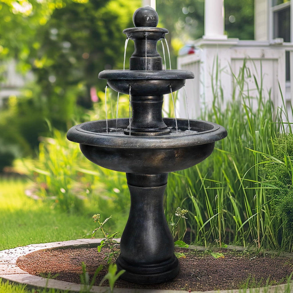 SunJet 45.2' High 3-Tiers Modern Concrete Outdoor Water Fountain - Round Large Outdoor Fountains and Waterfalls for Garden, Patio, Yard, and Deck Decor, Featuring Natural Stone Look (Black, 45.2inch)