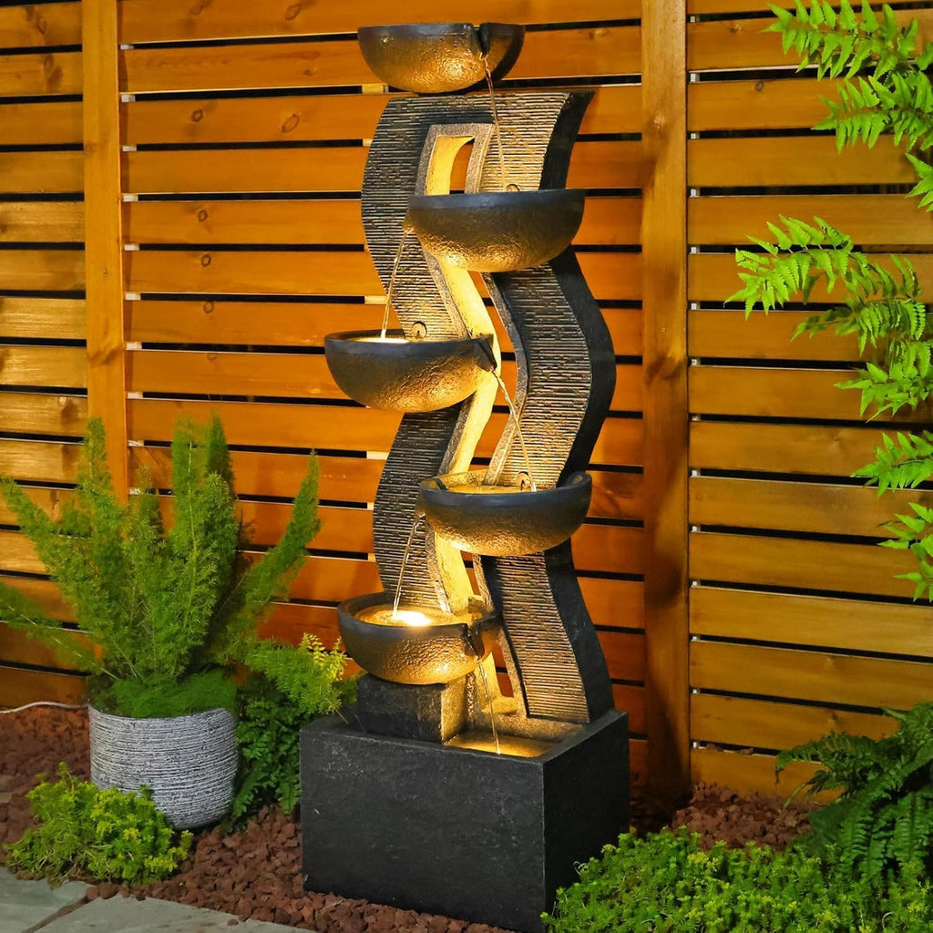 52.8' Tall Outdoor Water Fountain with Lights, 6-Tier Cascading Resin Waterfall Feature for Porch, Garden, Yard, Deck, Patio – Large Freestanding Outdoor Fountain and Waterfall Outside Decor