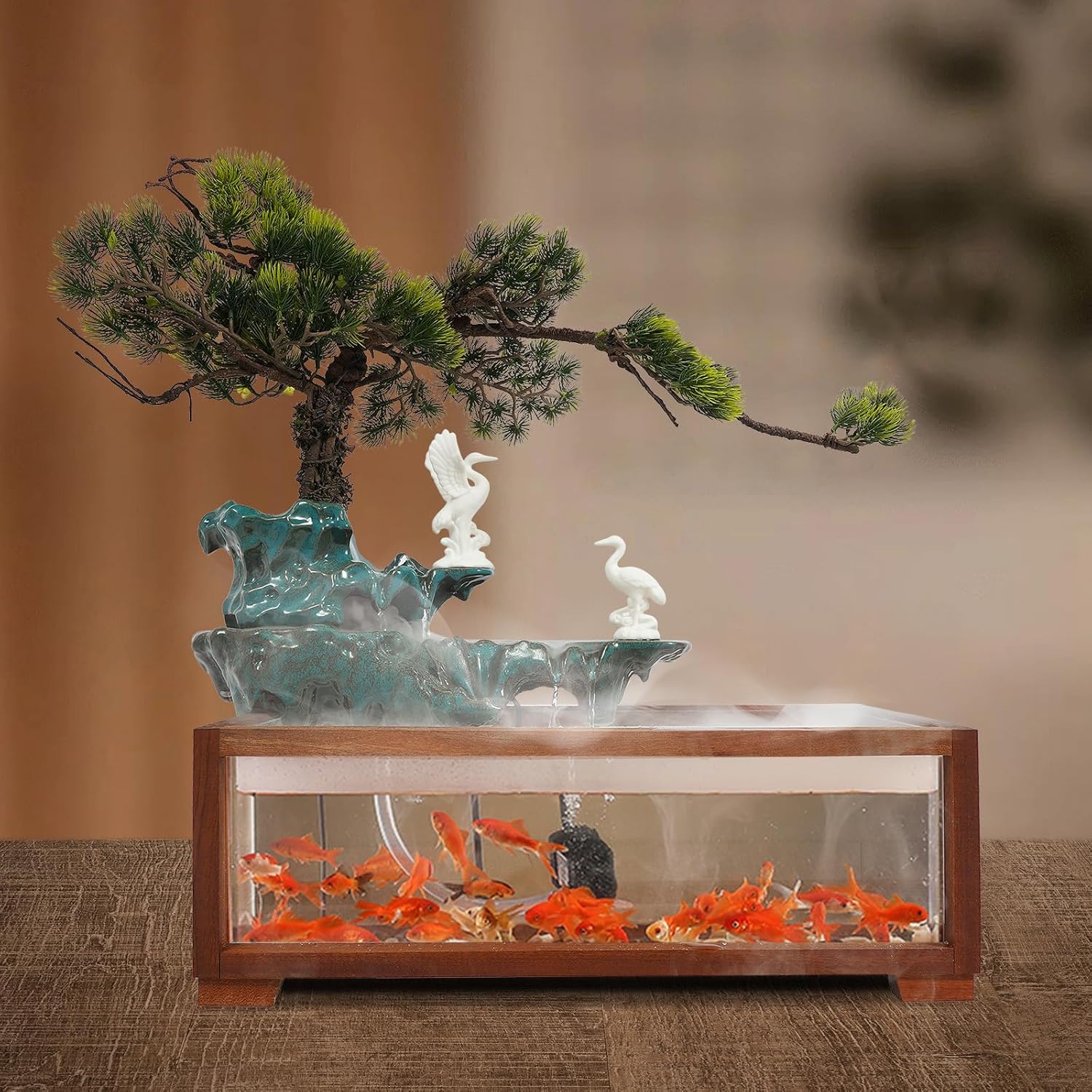 Desktop Waterfall Fountain with Fish Tank, Ceramic Statues, Rockery Bonsai Humidifier with LED Light, Indoor Tabletop Fountains, Aquariums, Plant for Home Office Desk Decor (Style 1)