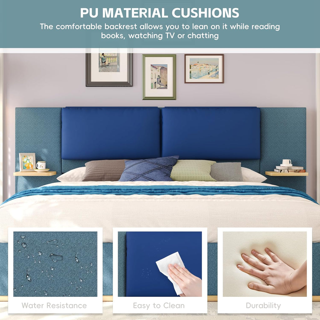 Merax Queen Size Bed Frame, Linen Upholstered Platform Bed with Large PU Leather Headboard and Shelf, Modern Bedroom Furniture & Solid Wood Slats Support, No Box Spring Needed, Easy Assembly, Blue