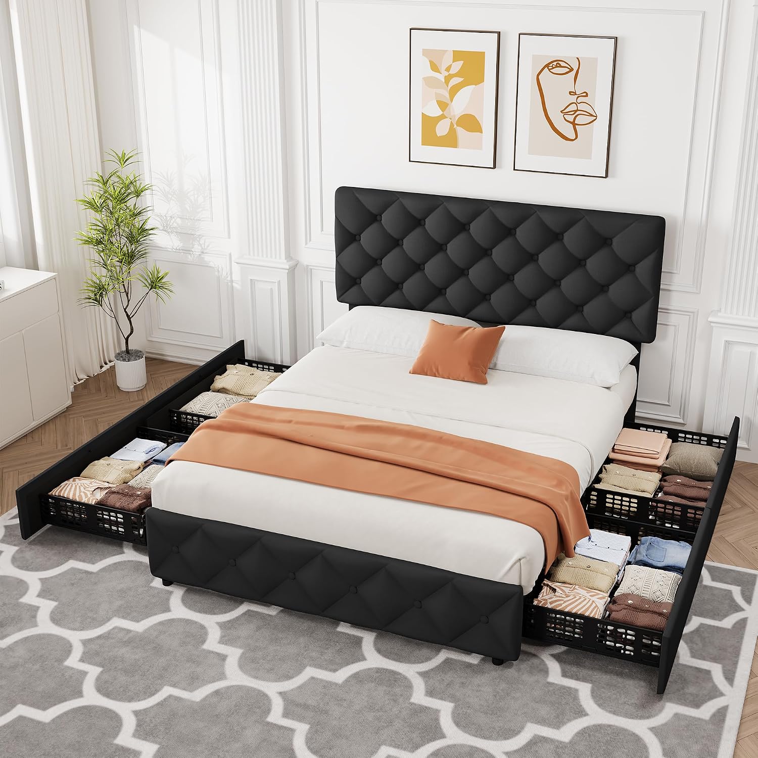 IDEALHOUSE Full Size Bed Frame with 4 Storage Drawers and Adjustable Headboard, Linen Upholstered Platform Beds, Diamond Stitched Button Tufted, No Box Spring Needed, Black