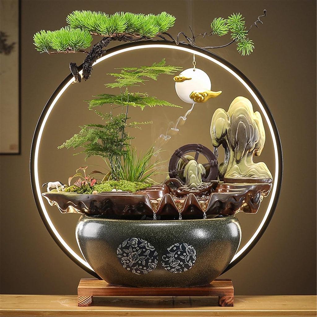 Tabletop Fountain Waterfall Fountain Indoor, Tabletop Water,Desk Chinese Ceramic with LED Light Ring