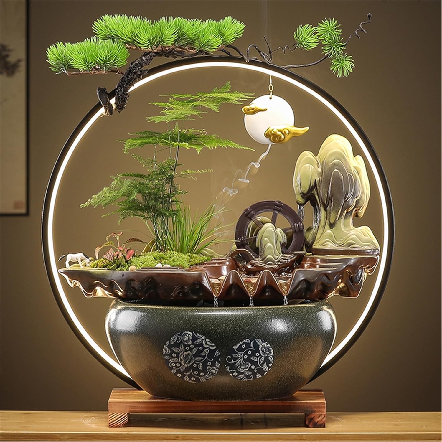 Tabletop Fountain Waterfall Fountain Indoor, Tabletop Water,Desk Chinese Ceramic with LED Light Ring