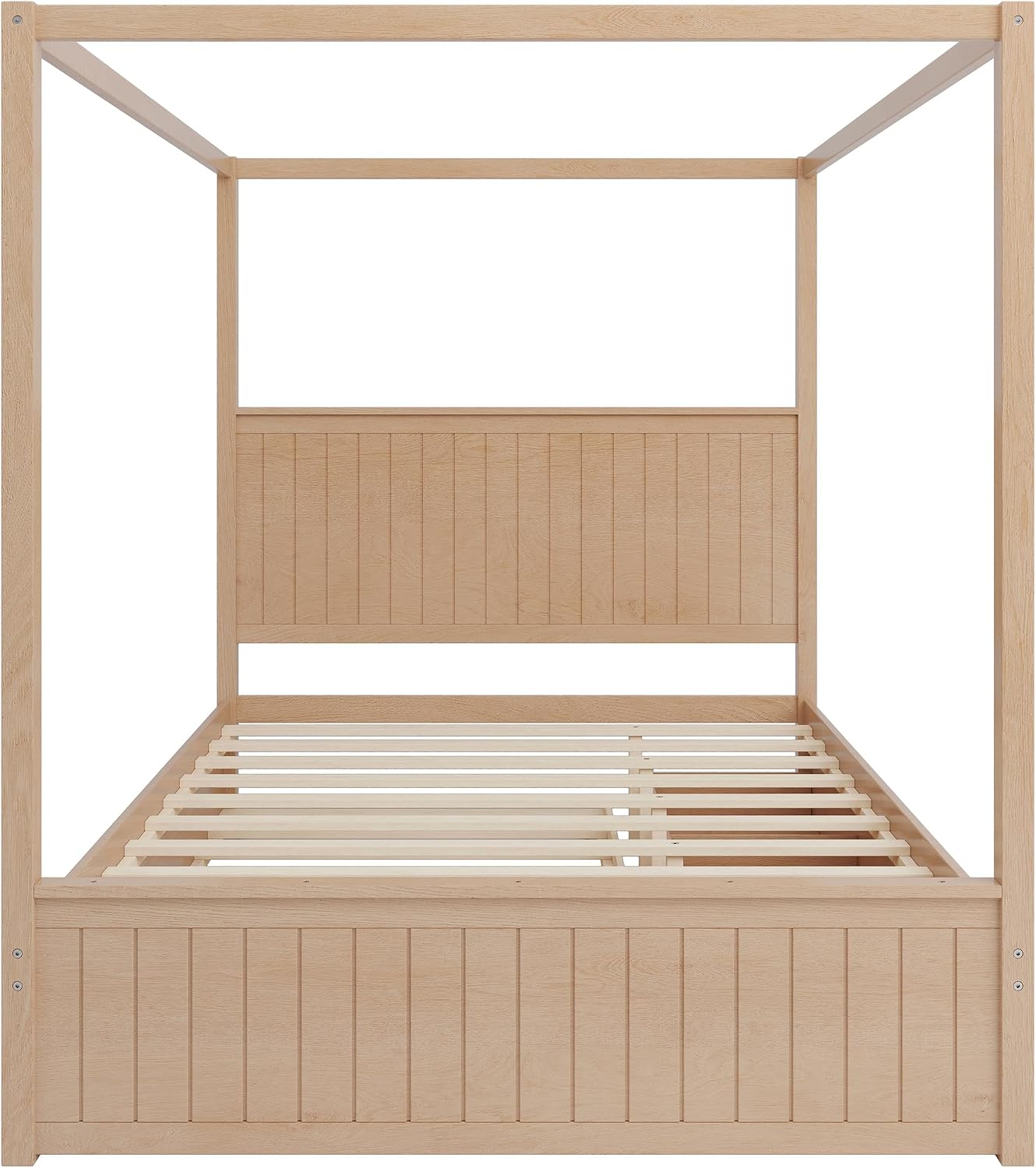 Queen Size Canopy Bed with Trundle and Three Storage Drawers, 4-Post Wood Bed Frame with Headboard, No Box Spring Needed (Natural)