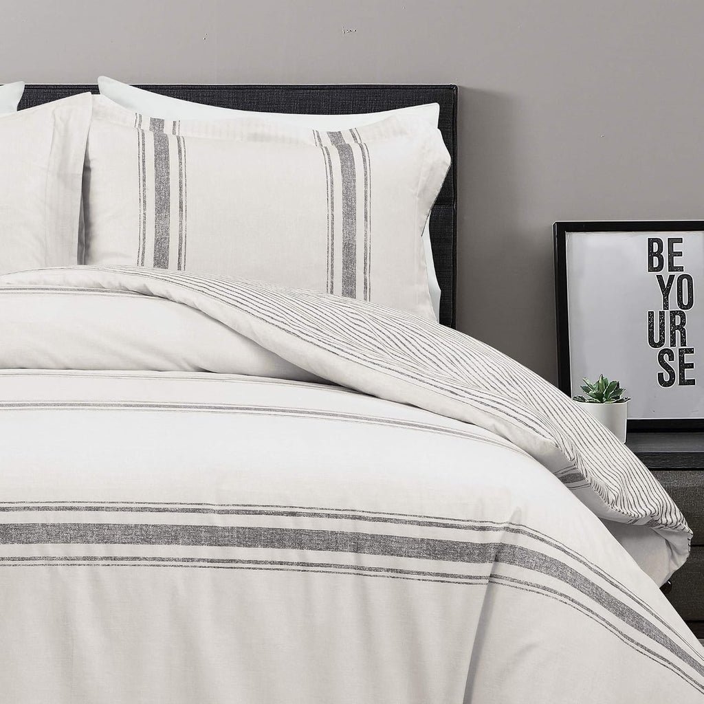 Lush Decor Farmhouse Stripe Reversible Cotton Duvet Cover King Size 3 Piece Set Gray - Farmhouse Bedding Set King - Striped Duvet Cover