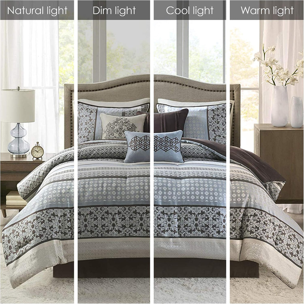 Madison Park Princeton Cozy Comforter Set - Luxurious Jaquard Traditional Damask Design, All Season Down Alternative Bedding with Matching Shams, Decorative Pillow, Cal King(104'x92'), Blue 7 Piece