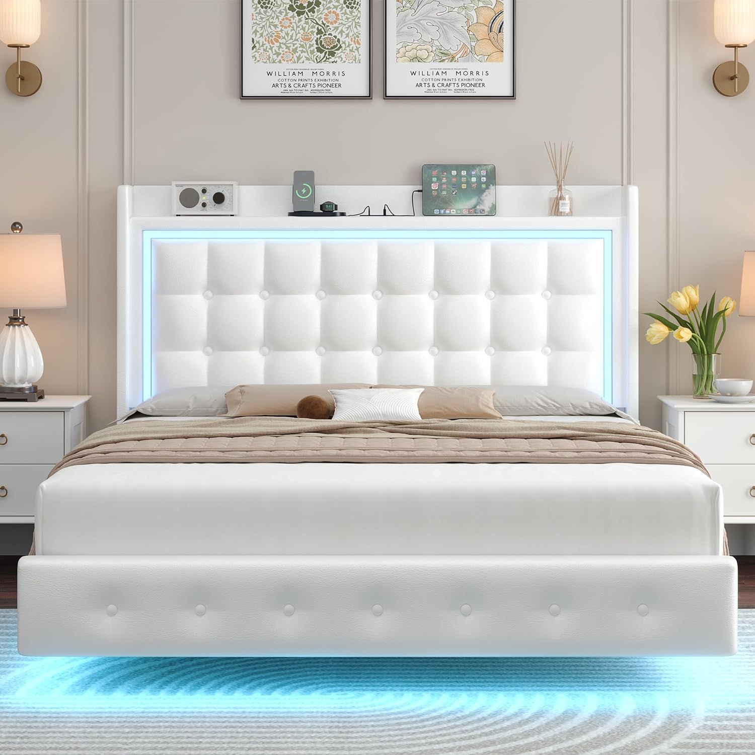 Keyluv Upholstered Queen Floating Bed Frame with LED Lights and Charging Station, Pu Leather Platform Bed with Button Tufted Storage Headboard, Type-C & USB Charging Ports, No Box Spring Needed, White