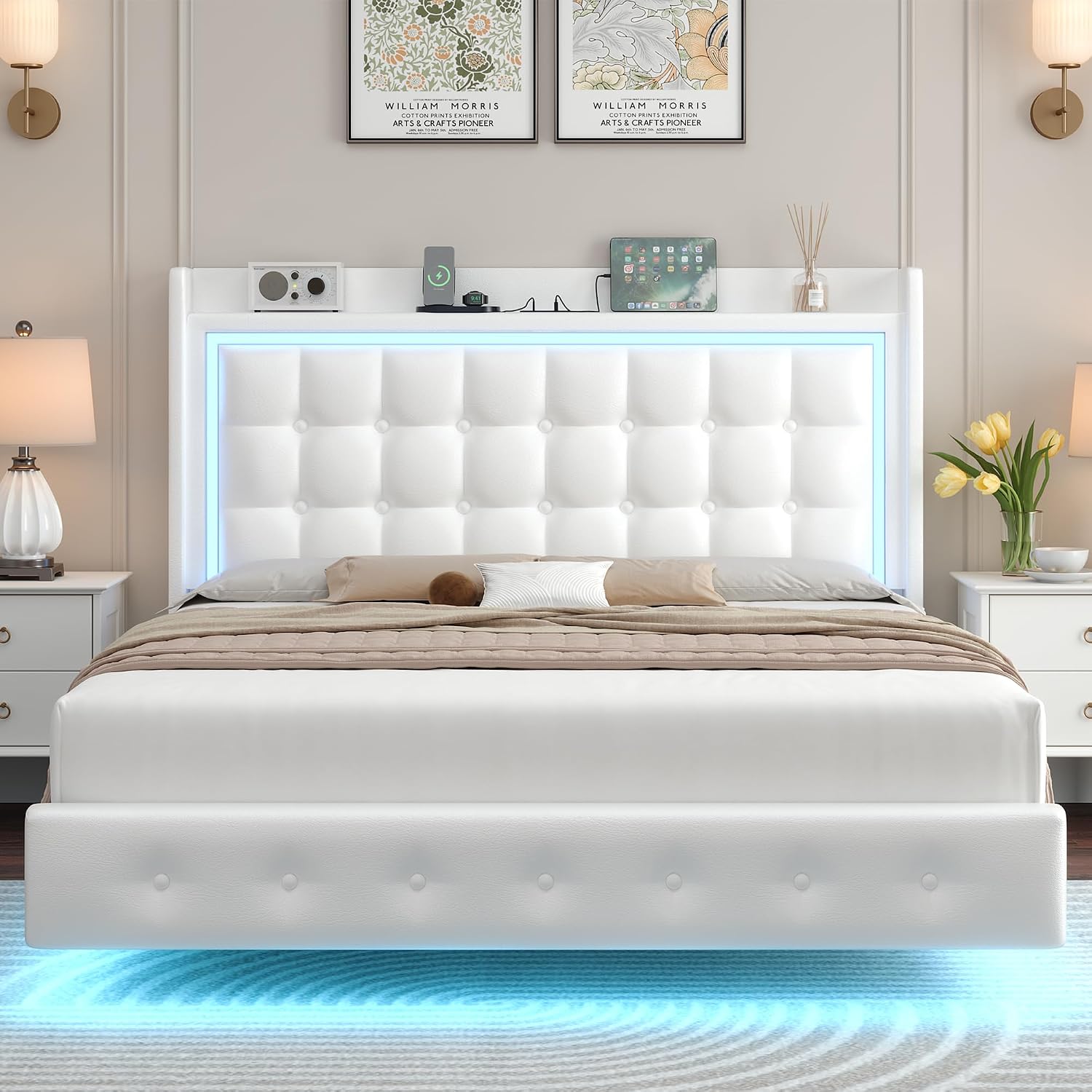 Keyluv Upholstered Full Floating Bed Frame with LED Lights and Charging Station, Pu Leather Platform Bed with Button Tufted Storage Headboard, Type-C & USB Charging Ports, No Box Spring Needed, White