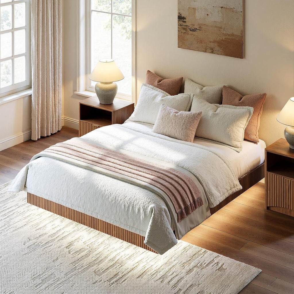 Evermagin Walnut Queen Floating Bed Frame with led Lights, Fluted Platform Bed No Headboard, Heavy Duty Mid Century Modern Float Metal Bedframe, No Box Spring Needed (Walnut, Queen-10in high)