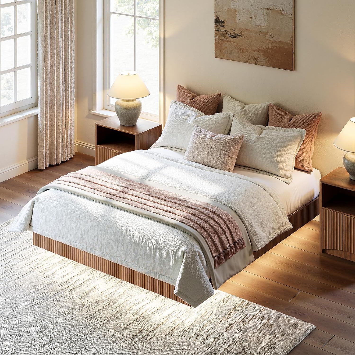 Evermagin Walnut Queen Floating Bed Frame with led Lights, Fluted Platform Bed No Headboard, Heavy Duty Mid Century Modern Float Metal Bedframe, No Box Spring Needed (Walnut, Queen-10in high)