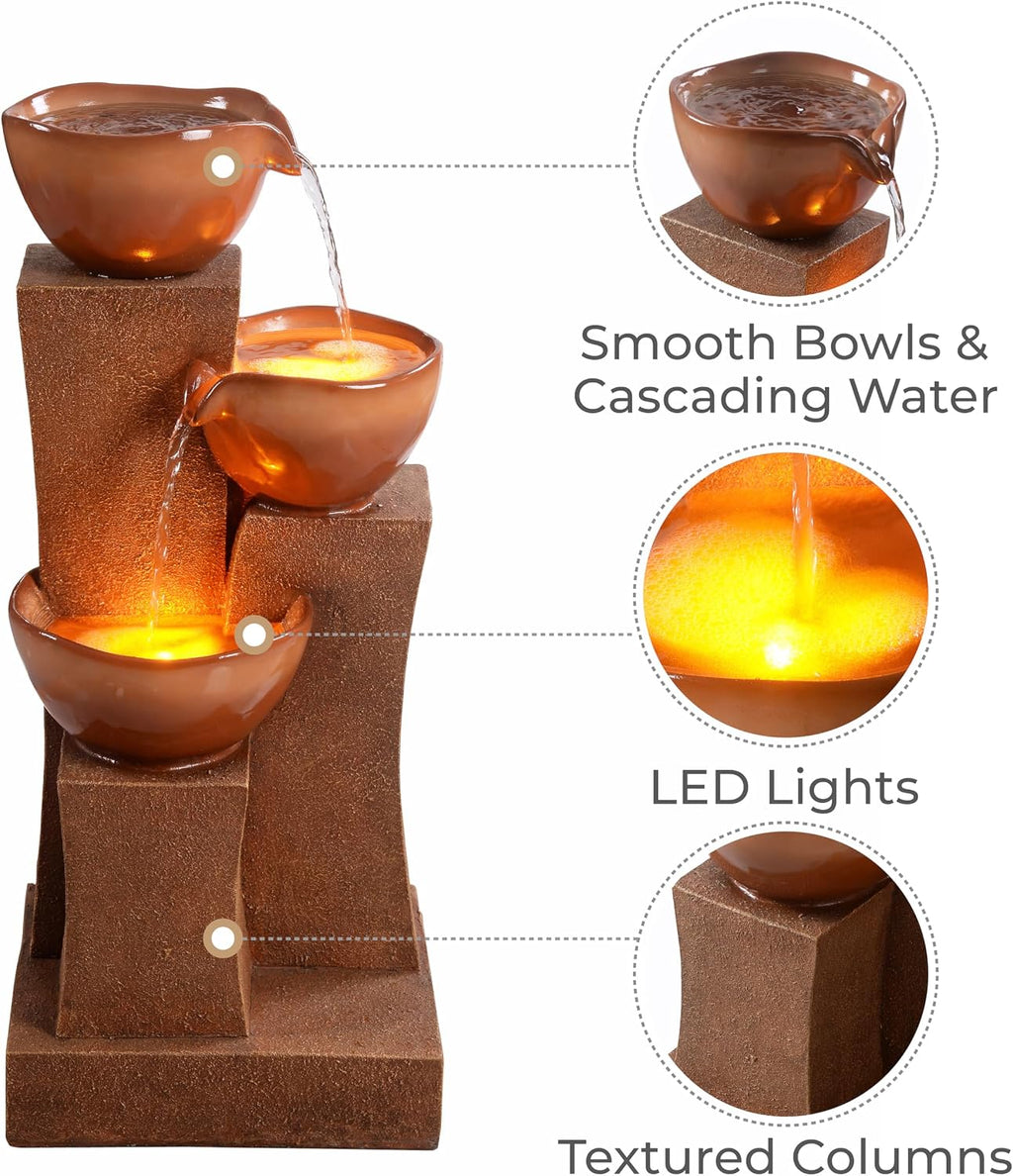 Teamson Home 28.54 in. 3-Tier Cascading Outdoor Water Fountain with LED Lights for Gardens, Landscaping, Patios, Balconies, Lawns, Brown