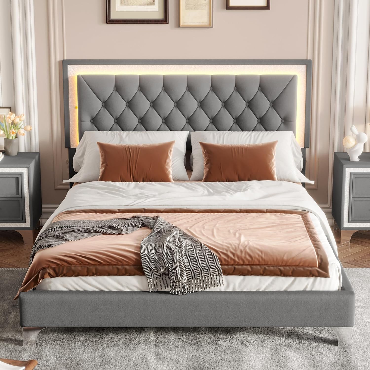 Flieks Queen Size Upholstered Bed Frame with LED Lights,Modern Velvet Platform Bed with Crystal Tufted Headboard,Gray