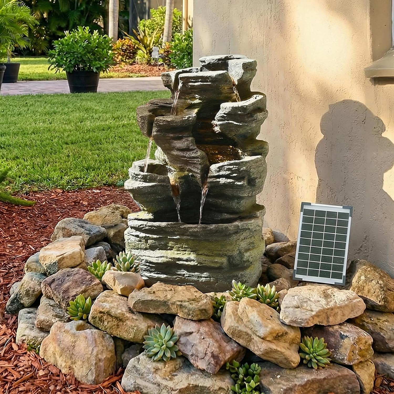 Bumilgar 6 Tier Cascading Rock Solar Water Fountain Outdoor Garden Waterfall Decor for Garden, Patio, Backyard, Deck, Porch and Home Art Decor,24.4' H Outdoor Fountain with LED Lights