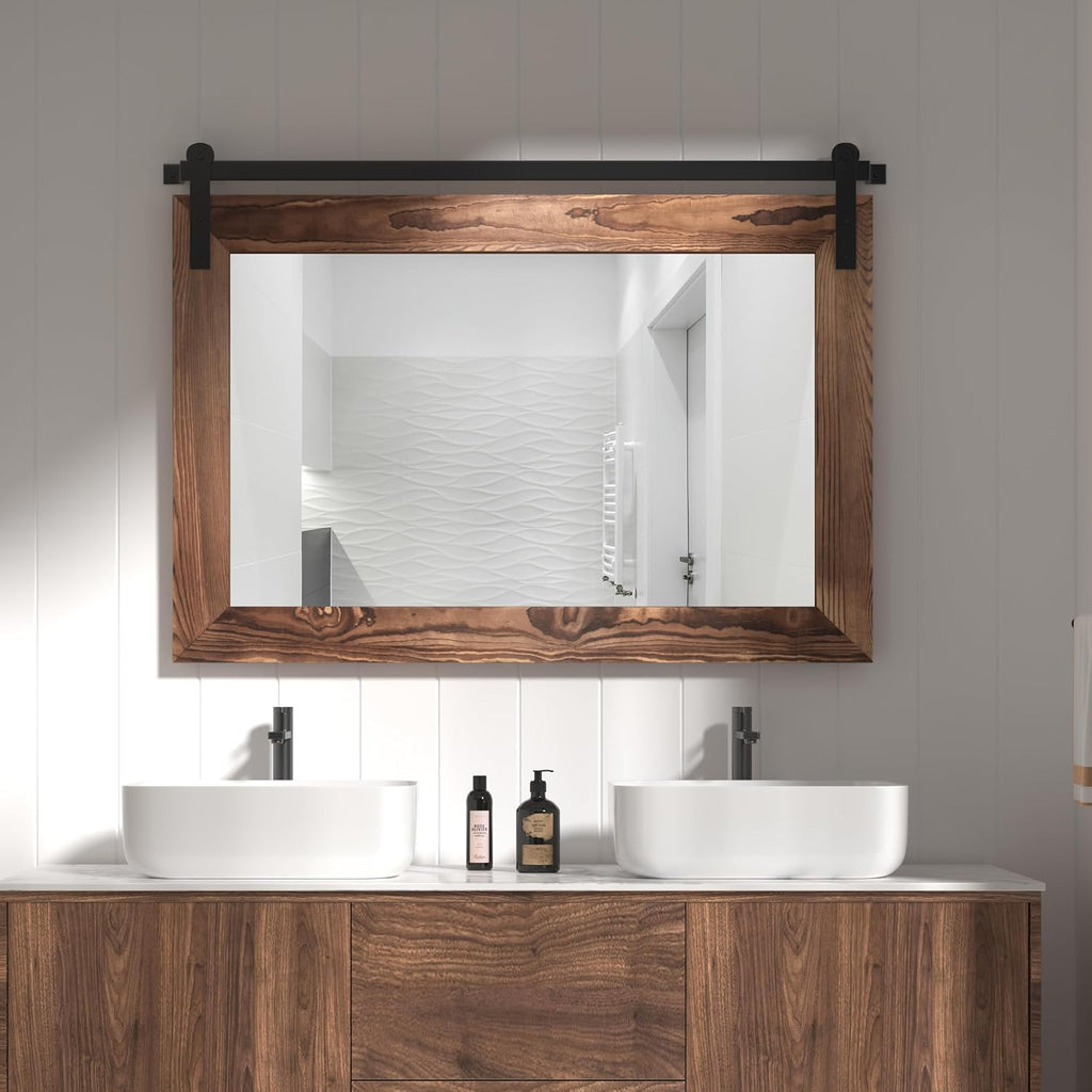 COGOOD Farmhouse Bathroom Mirror - 41' x 30' Rustic Barn Door Mirror for Living Room, Entryway, Bedroom, Vanity Wall Decor (Brown)