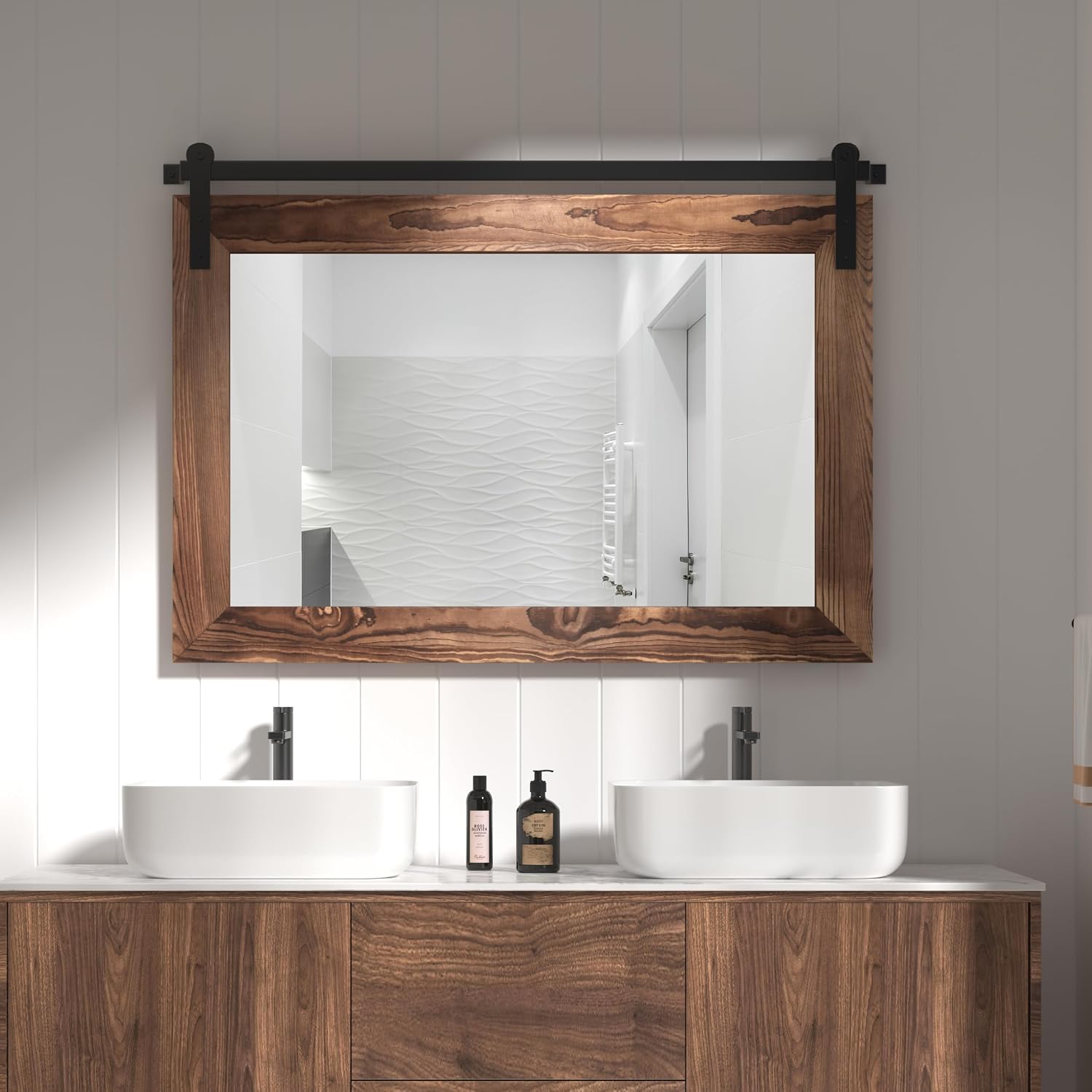 COGOOD Farmhouse Bathroom Mirror - 41' x 30' Rustic Barn Door Mirror for Living Room, Entryway, Bedroom, Vanity Wall Decor (Brown)